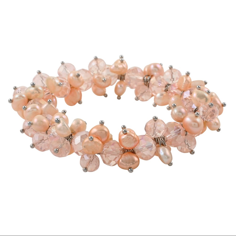 Peach Freshwater Pearl and Simulated Crystal Cluster Stretch Bracelet